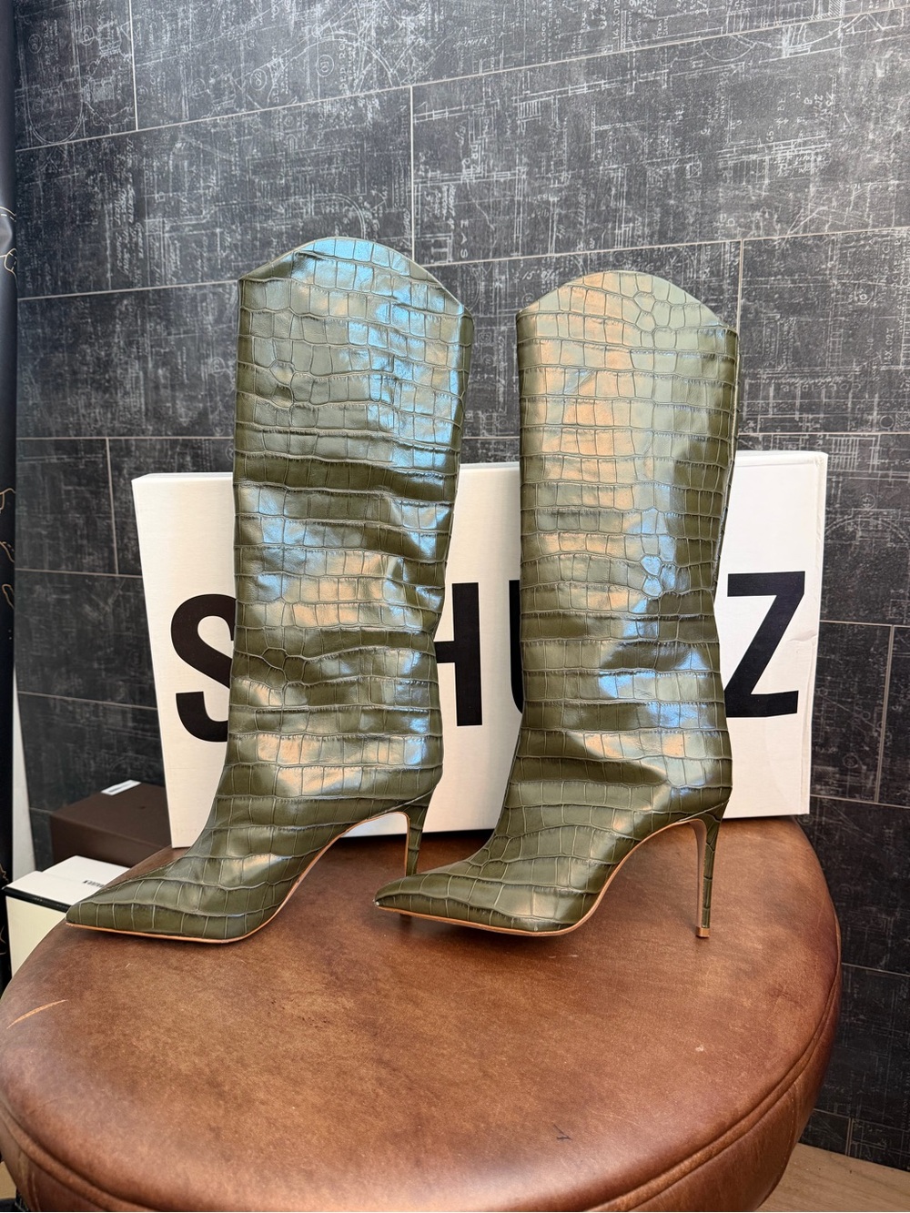 Schutz Maryana Croco Embossed Boot in Military Green - Sz 9.5 - Picture 4 of 14